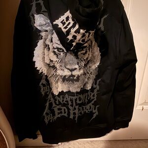 Ed Hardy Black and Gray Tiger Graphic Men's Sweater